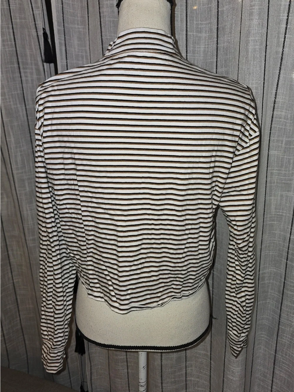 Hollister Cream & Brown Striped Mock-Neck Crop Top with Maroon Logo